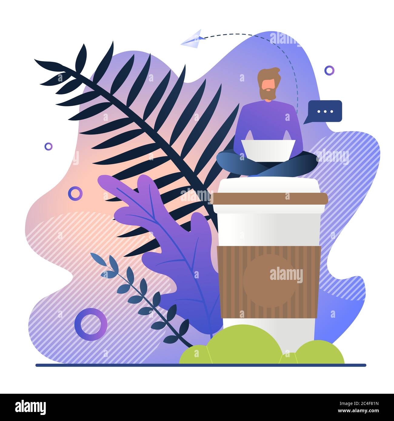 Freelancer Works with Coffee Vector Illustration. Man Working at Night on Laptop Sitting Down on Large Cup Coffee. Guy Dreams Relaxation and Vacation Stock Photo