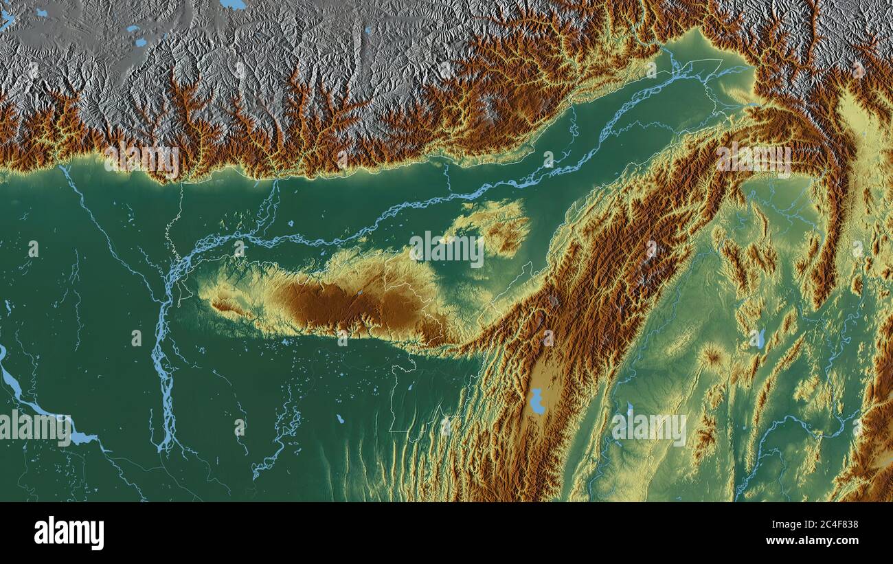 Assam, state of India. Colored relief with lakes and rivers. Shape ...