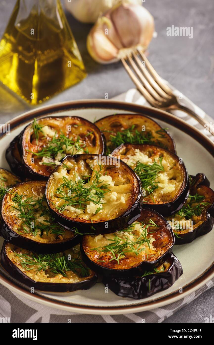 Fried eggplants with garlic and dill Stock Photo Alamy