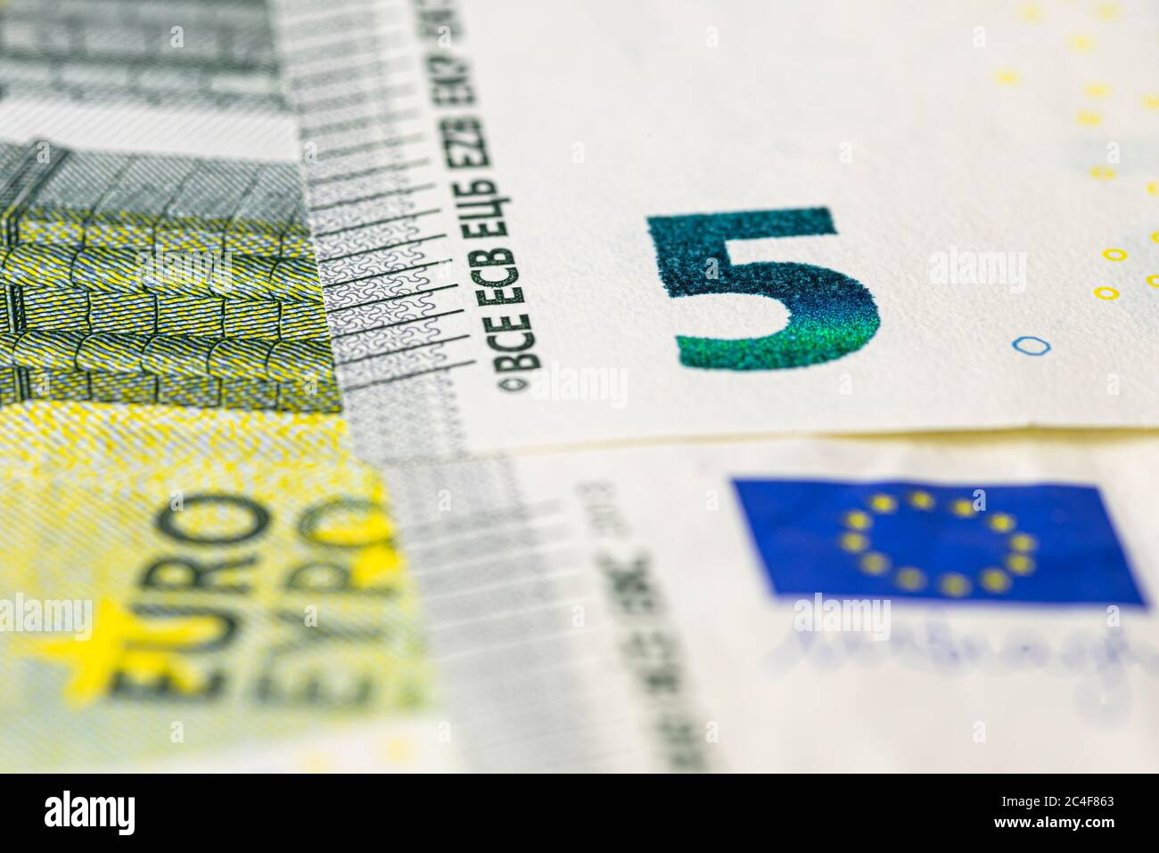 Macro shot of a European Union banknote of 5 EUR, close-up of the ...