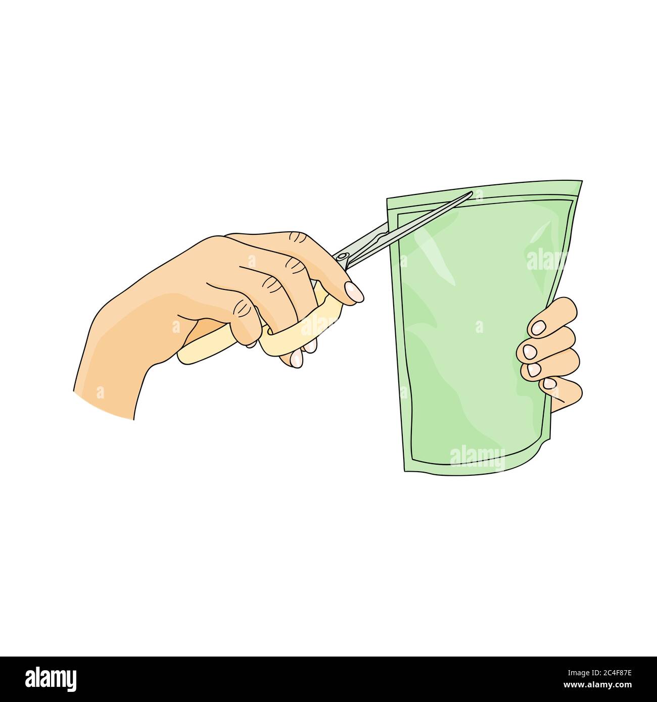 Hand with scissors cutting off the package. Open here concept. Colored