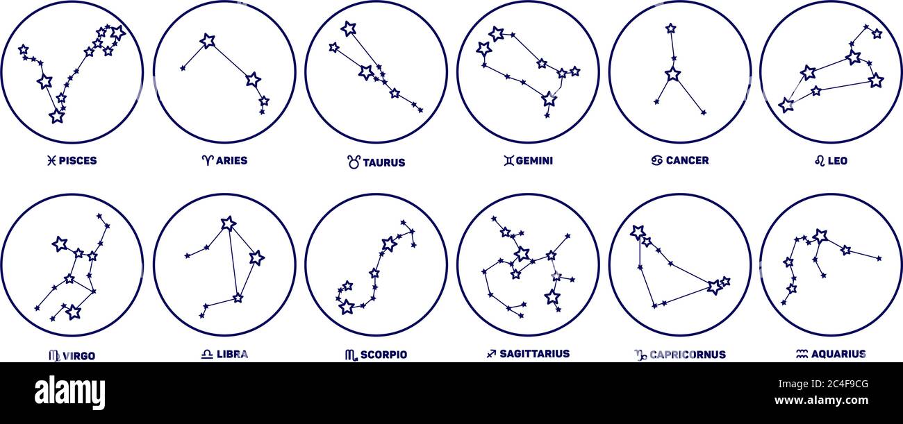 Set Of Zodiac Signs Stars Constellations Blue Color On A White Background Round Logo Tattoo Or Illustration Astrological Forecast Horoscope For Stock Vector Image Art Alamy