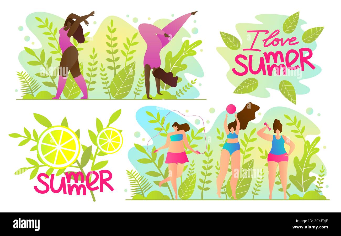 Set Advertising Flyer Inscription I Love Summer. Poster Mulatto Engaged in Sports Nature. Support and Health Promotion During Holidays. Juicy Bright B Stock Photo
