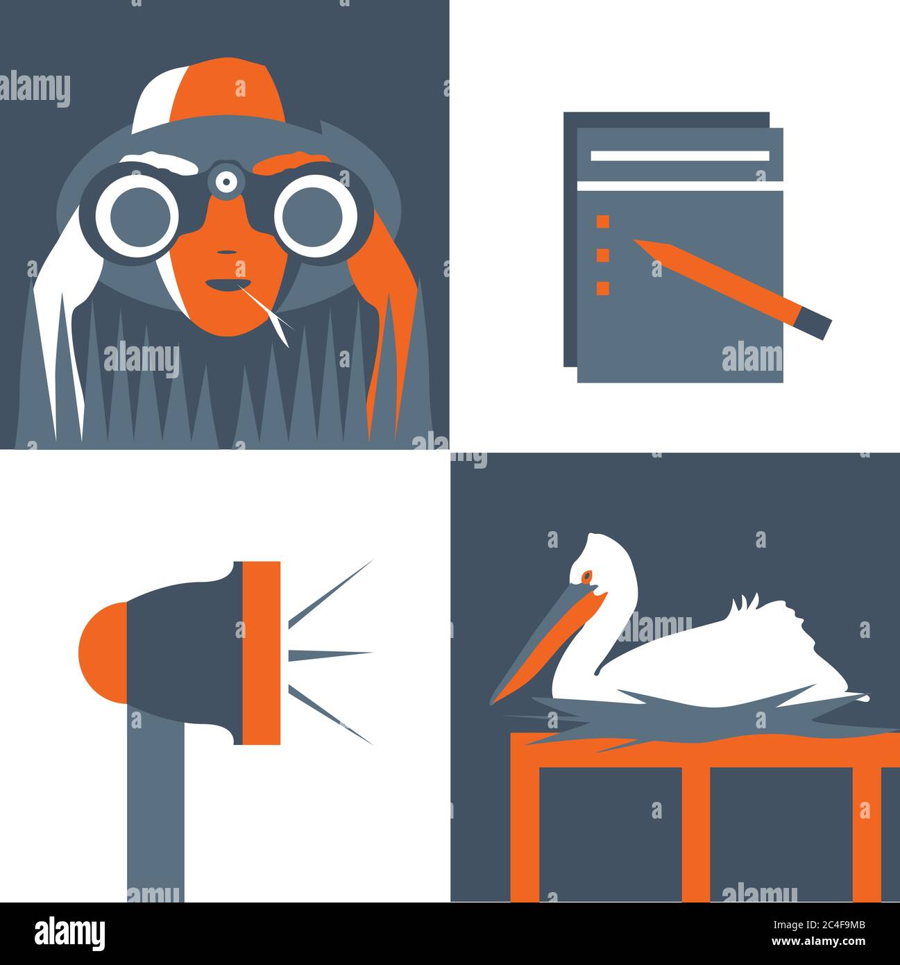 Bird watching, vector icon set, vintage poster, minimal duotone illustration. Man or woman looking through binoculars on pelican, list, bullhorn Stock Vector