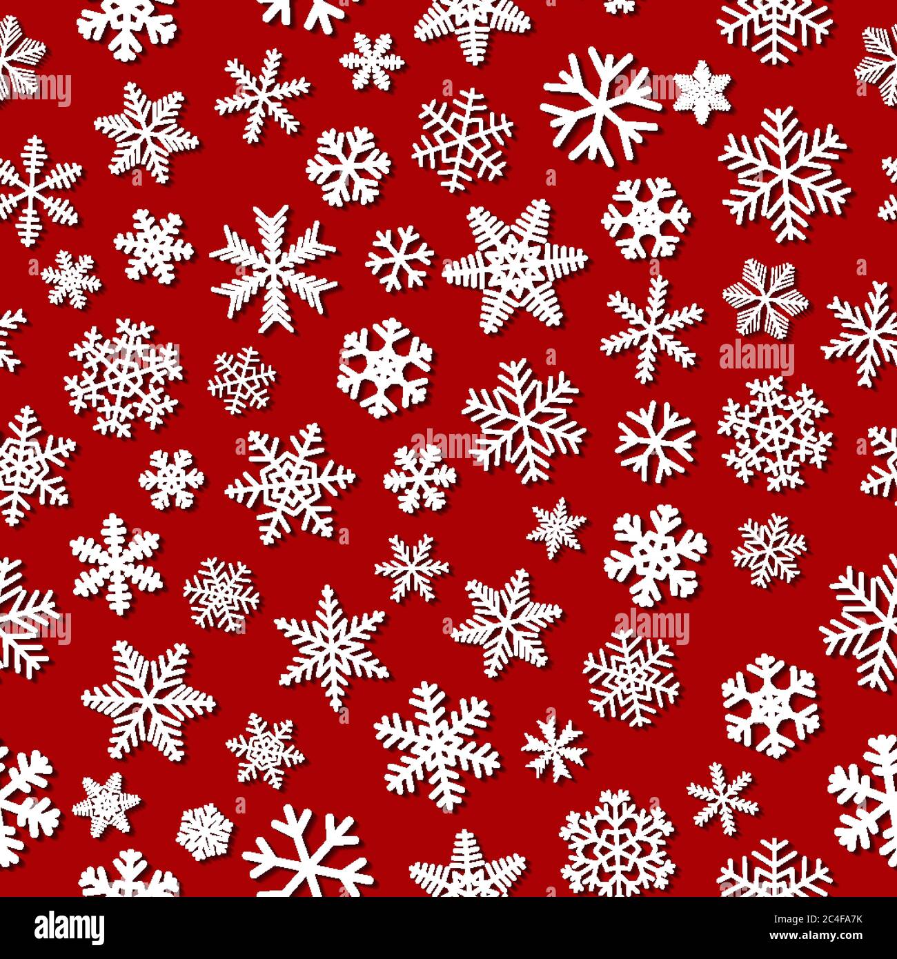 Christmas seamless pattern of snowflakes with shadows, white on red background Stock Vector