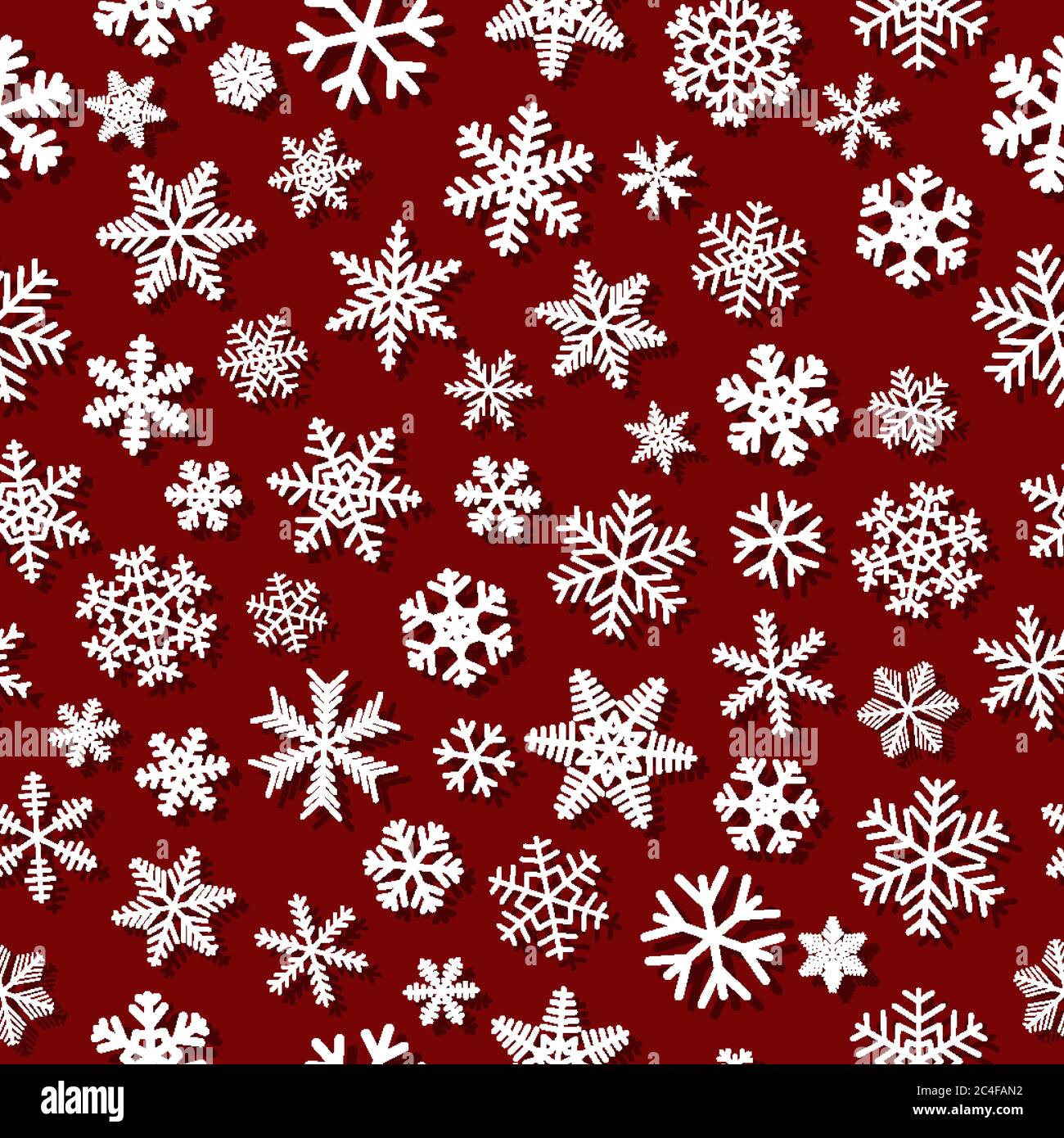 Christmas seamless pattern of snowflakes with shadows, white on red background Stock Vector