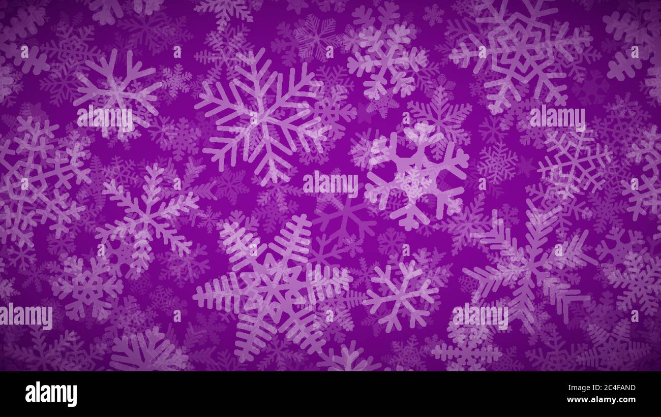 Christmas background of many layers of snowflakes of different shapes, sizes and transparency. White on purple. Stock Vector