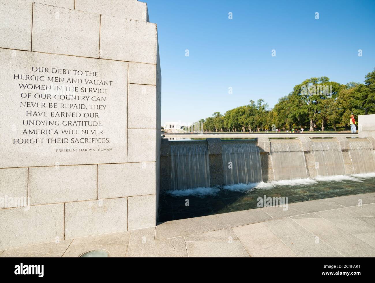 Washington DC USA - October 26 2014;Harry S Truman quote remembering the nations debt to the herois engraved in stone on wall by National Mall water f Stock Photo