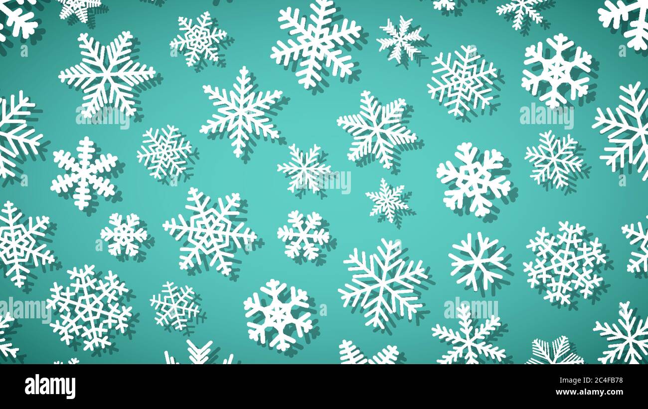 Christmas background of snowflakes of different shapes and sizes with shadows. White on turquoise. Stock Vector