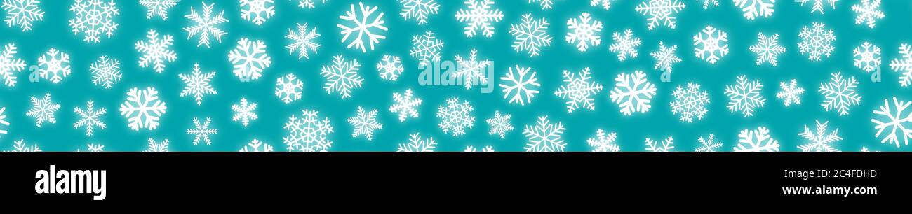 Christmas horizontal seamless banner of white snowflakes on turquoise background Stock Vector