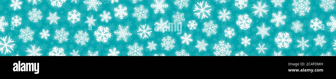 Christmas horizontal seamless banner of white snowflakes on turquoise background Stock Vector