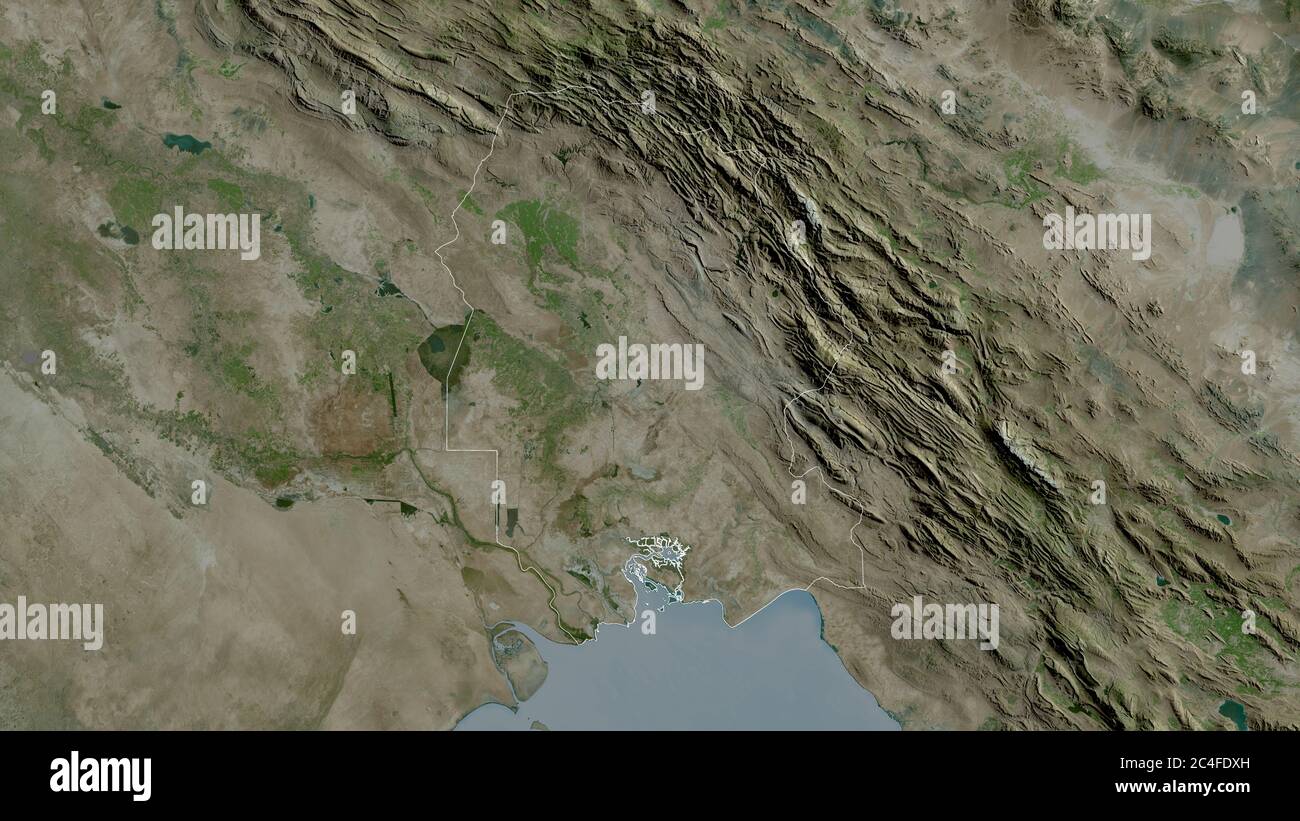 Khuzestan, province of Iran. Satellite imagery. Shape outlined against its country area. 3D rendering Stock Photo