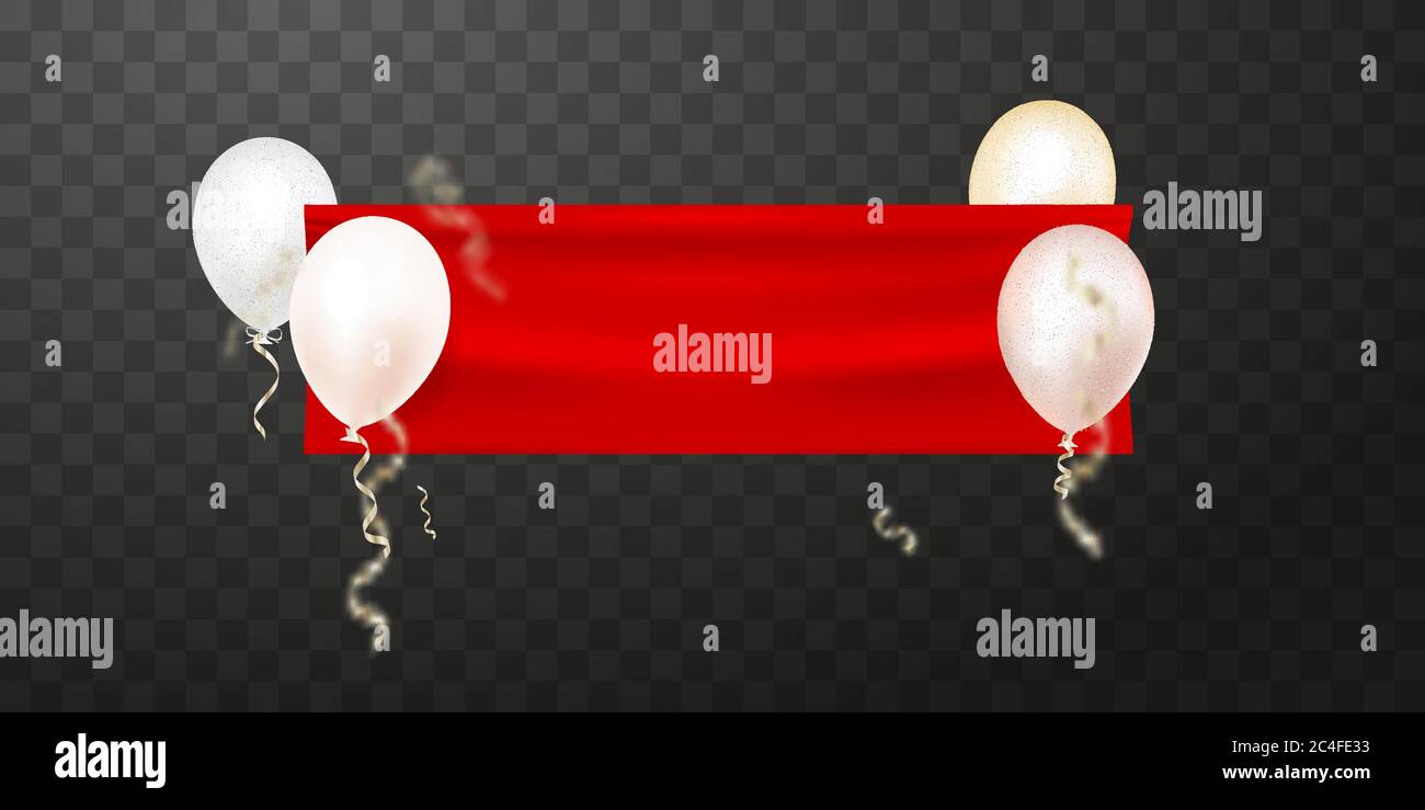 Empty banner with red fabric and flying balloons. Decoration element for design. Stock Vector