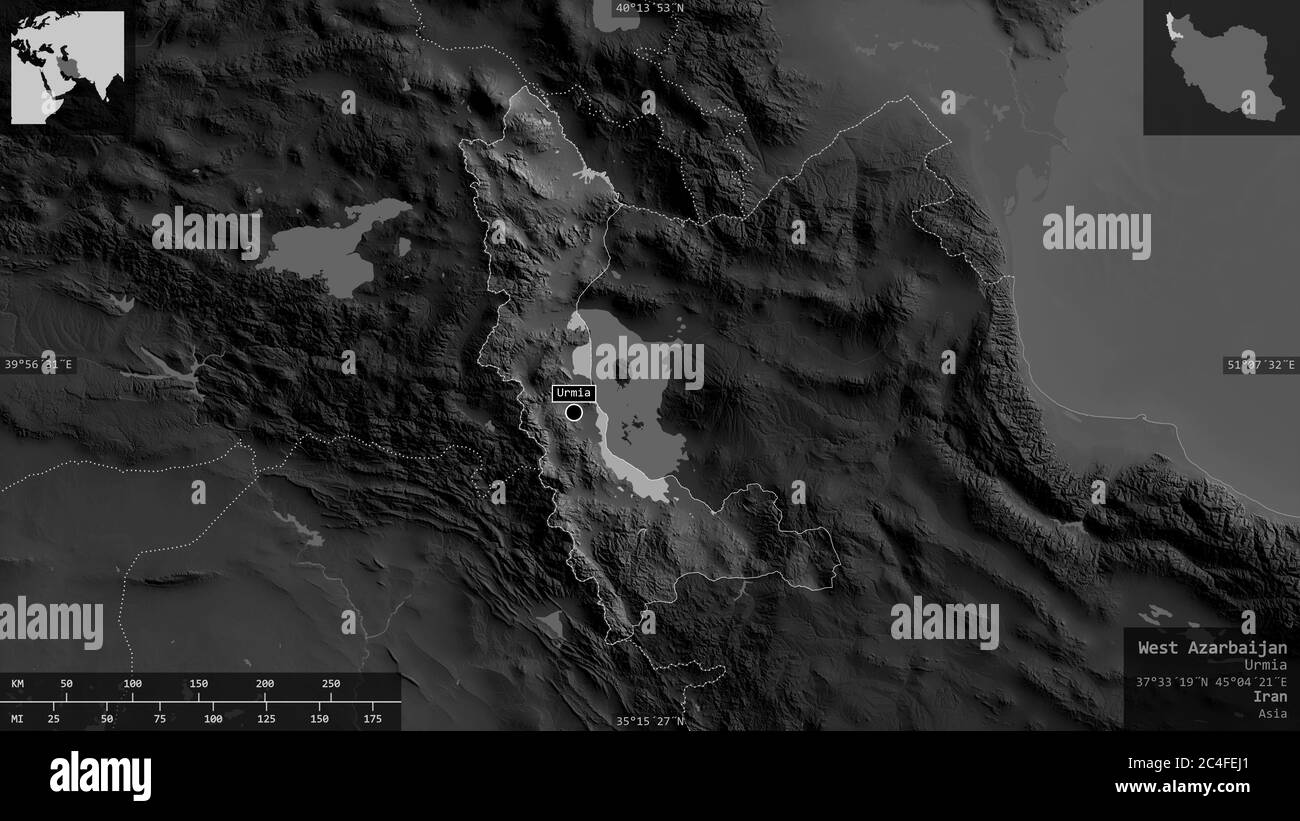 West Azarbaijan, province of Iran. Grayscaled map with lakes and rivers. Shape presented against its country area with informative overlays. 3D render Stock Photo