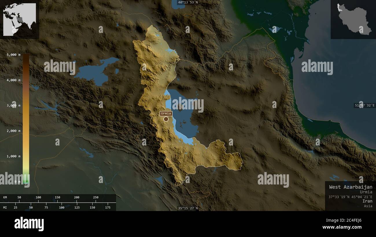 West Azarbaijan, province of Iran. Colored shader data with lakes and rivers. Shape presented against its country area with informative overlays. 3D r Stock Photo