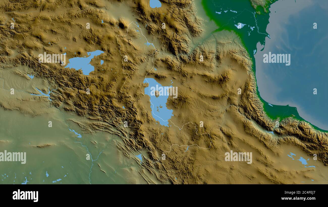 West Azarbaijan, province of Iran. Colored shader data with lakes and rivers. Shape outlined against its country area. 3D rendering Stock Photo
