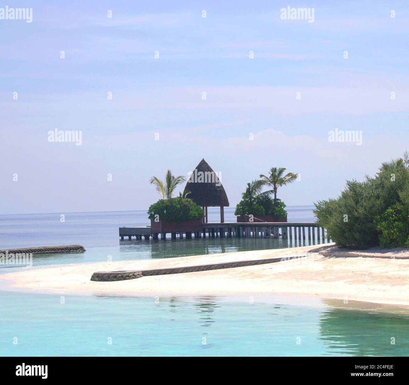 Jetty, Ocean villa; Beachfront, private pool; Luxury island beach resort in Maldives; island resort; Kandolhu maldives resort; Beach resort Stock Photo