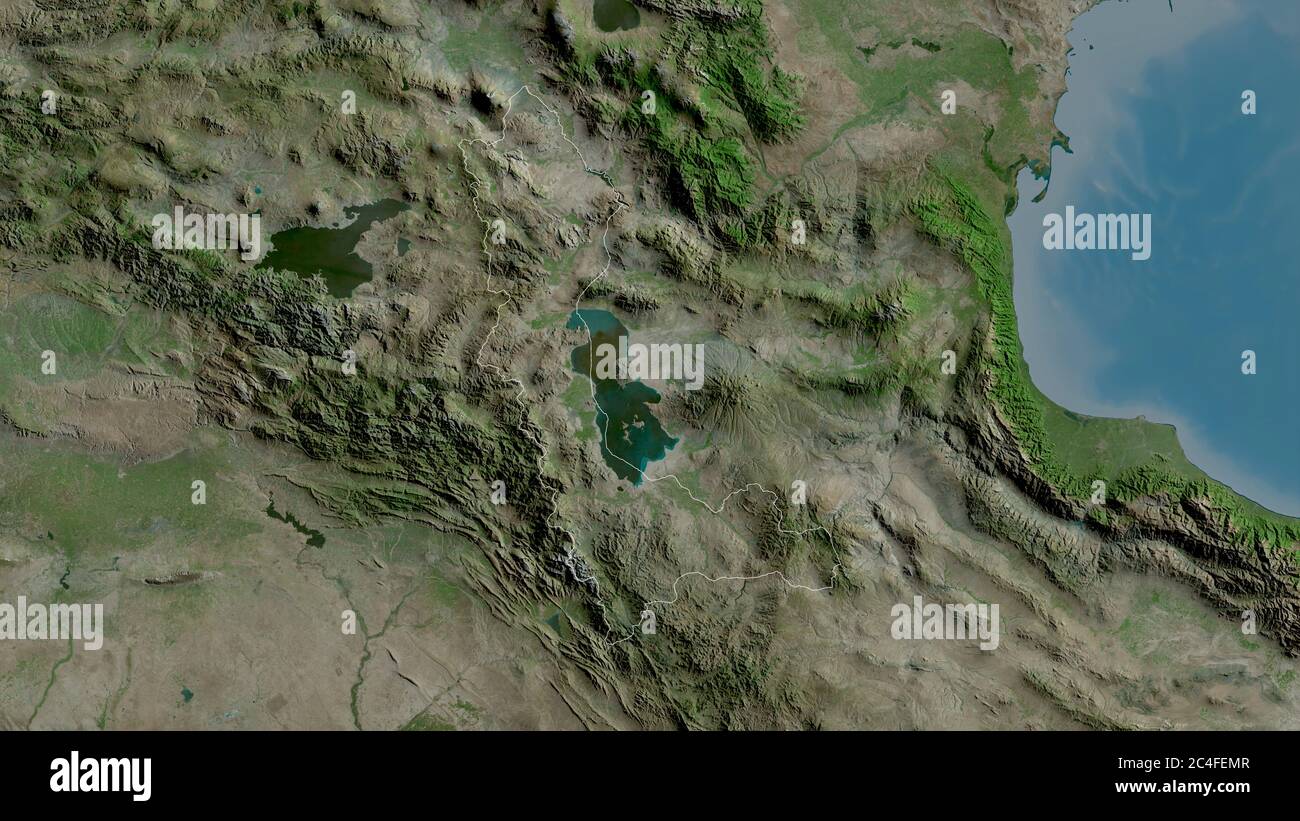 West Azarbaijan, province of Iran. Satellite imagery. Shape outlined against its country area. 3D rendering Stock Photo