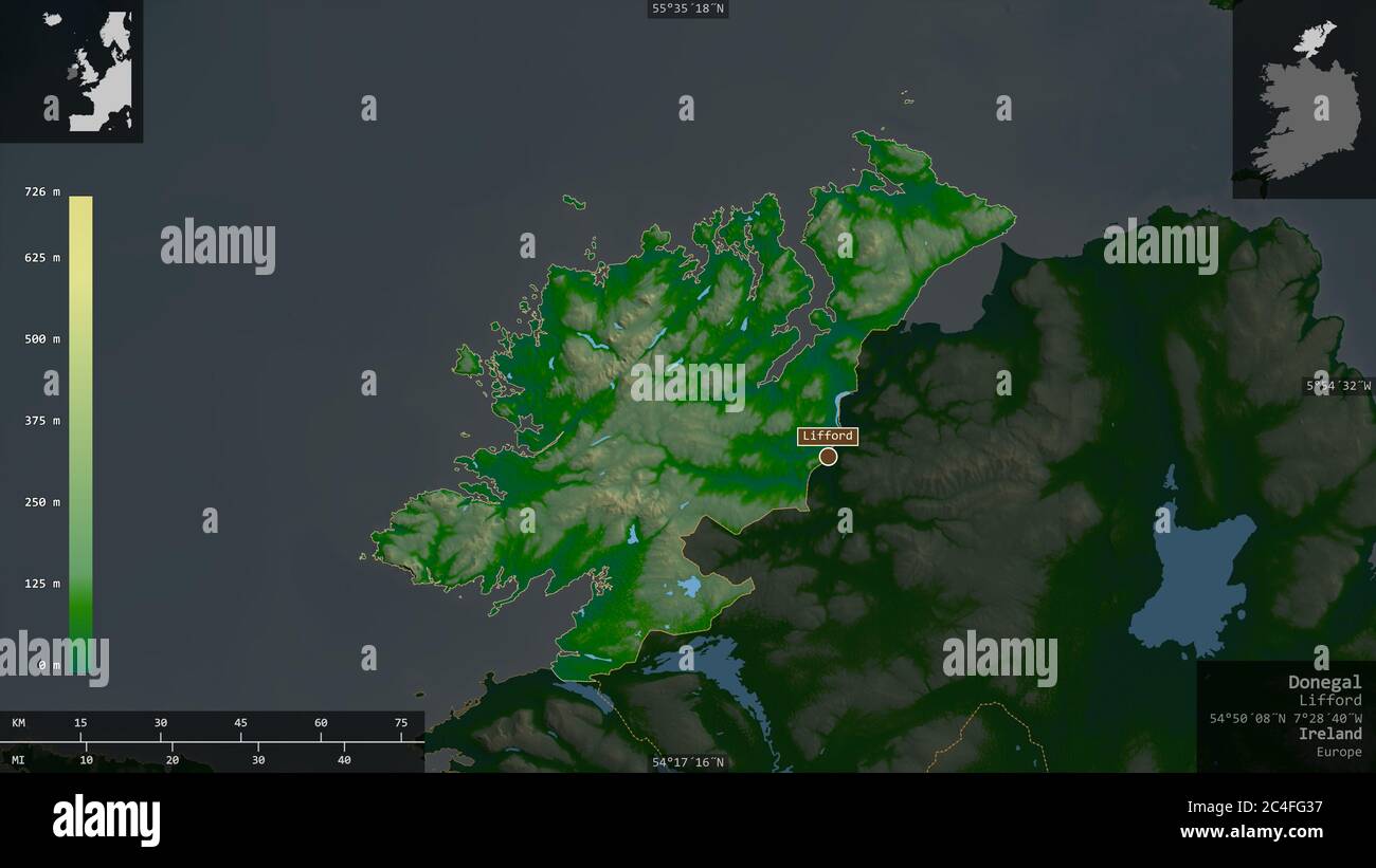 Donegal, county of Ireland. Colored shader data with lakes and rivers. Shape presented against its country area with informative overlays. 3D renderin Stock Photo