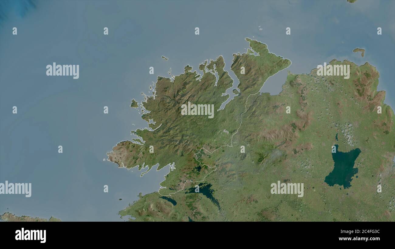 Donegal, county of Ireland. Satellite imagery. Shape outlined against its country area. 3D rendering Stock Photo