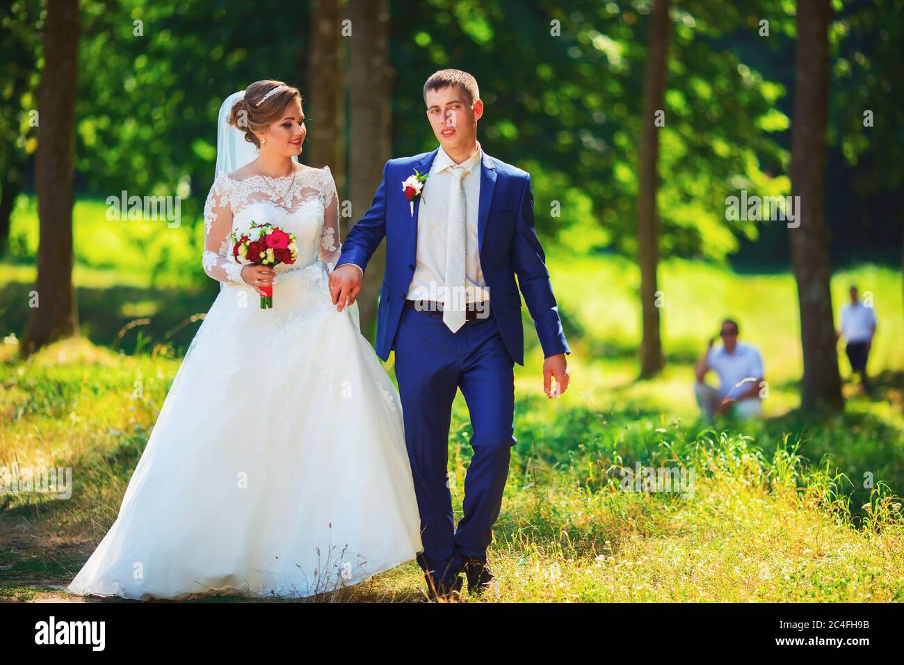Bride and groom in the park kissing. wedding in nature green forest ...