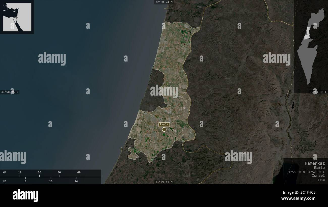 HaMerkaz, district of Israel. Satellite imagery. Shape presented against its country area with informative overlays. 3D rendering Stock Photo