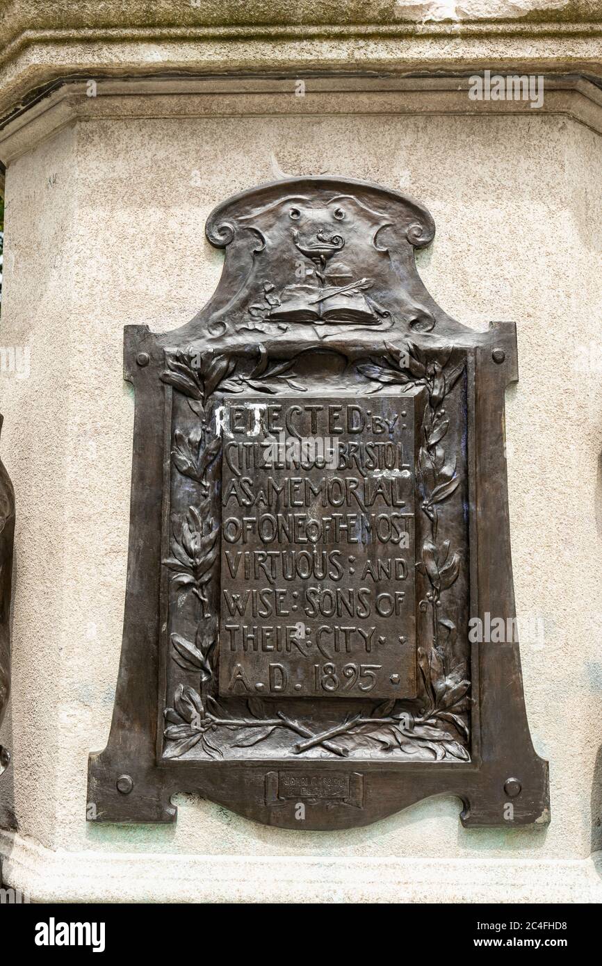 Plaque on the plinth of the toppled statue of Edward Colston a 17th century slave trader. The word erected altered to rejected. Bristol, England, UK Stock Photo