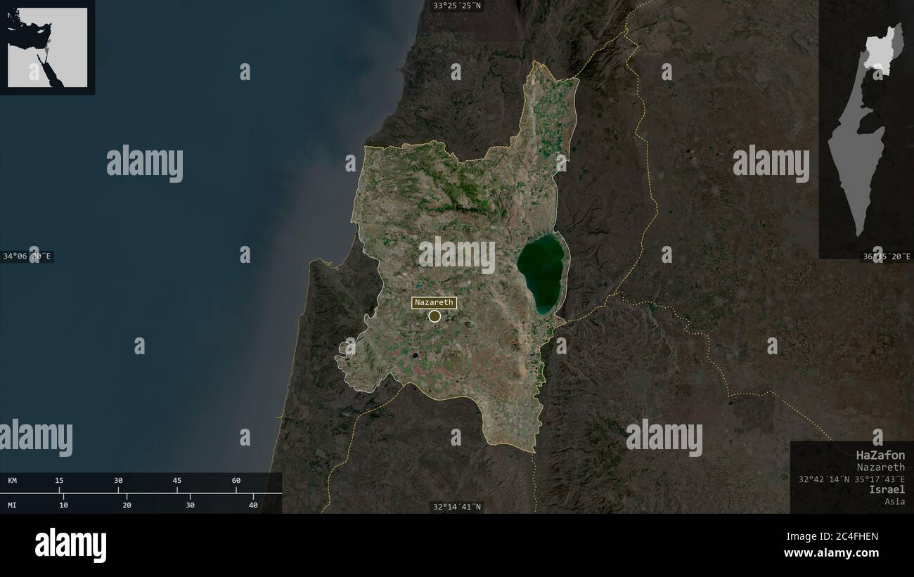 HaZafon, district of Israel. Satellite imagery. Shape presented against its country area with informative overlays. 3D rendering Stock Photo