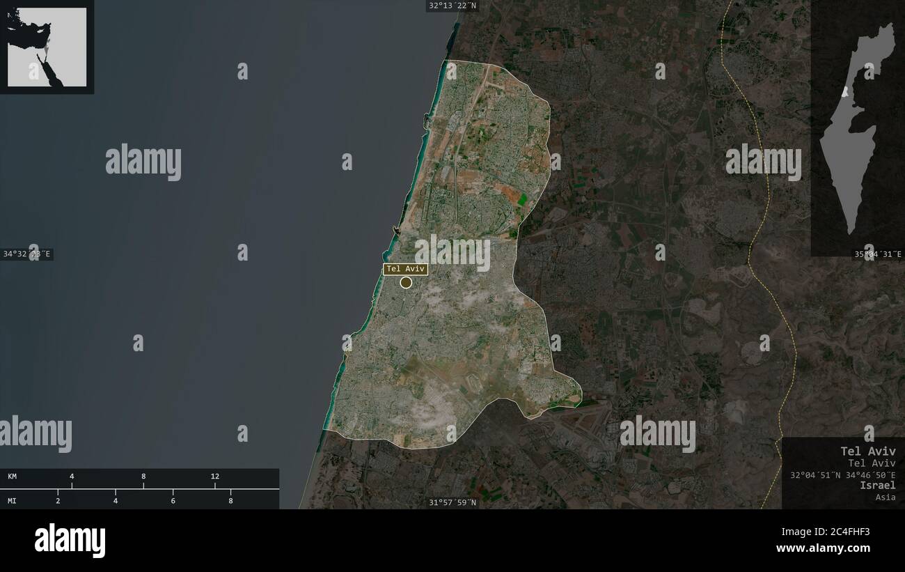 Tel Aviv, district of Israel. Satellite imagery. Shape presented against its country area with informative overlays. 3D rendering Stock Photo