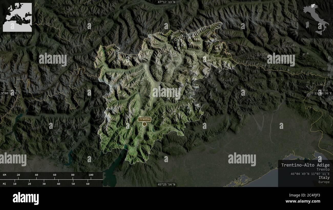 Trentino-Alto Adige, autonomous region of Italy. Satellite imagery. Shape presented against its country area with informative overlays. 3D rendering Stock Photo
