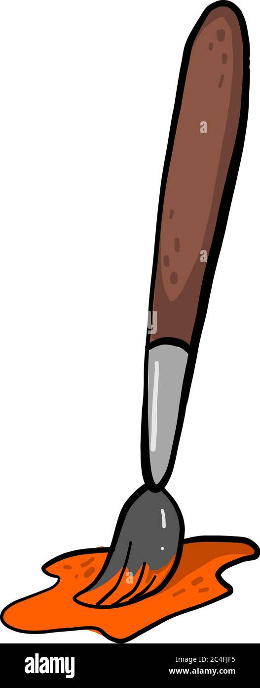 Brush with orange paint, illustration, vector on white background Stock