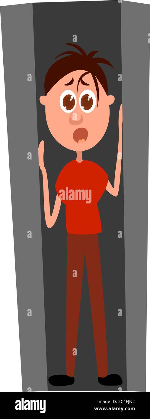 Man with claustrophobia, illustration, vector on white background Stock Vector