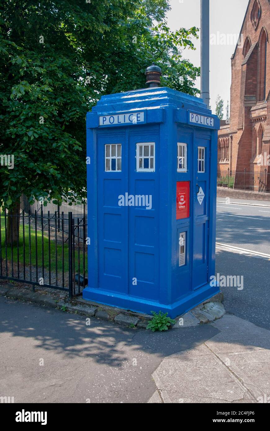 Blue Glasgow Police Box Dr Who Tardis Cathedral Square Gardens Castle Street Glasgow Scotland United Kingdom side and front view of former city of gla Stock Photo