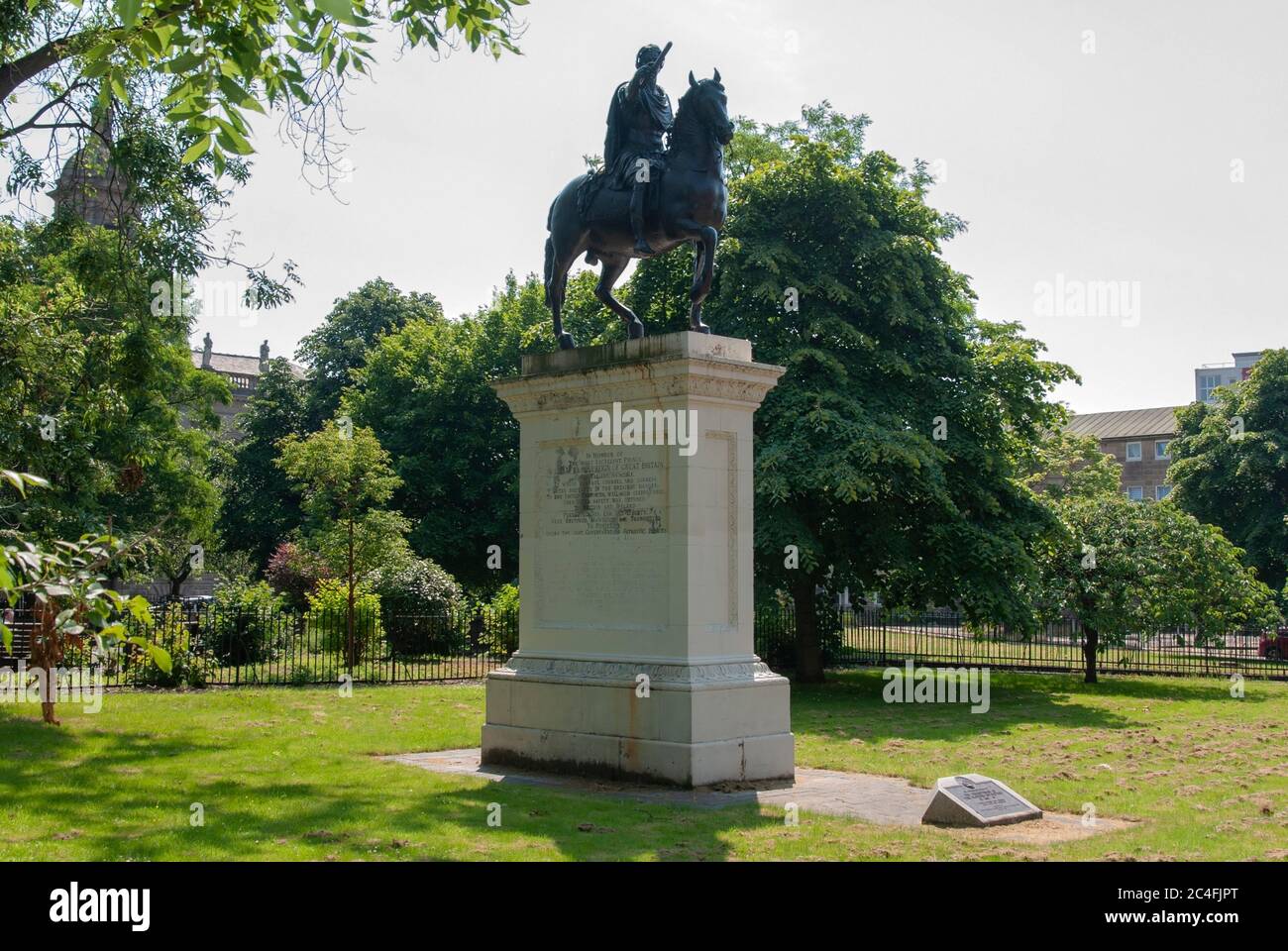 King William Billy of Orange On a Horse Statue Glasgow Scotland United Kingdom landscape view of the front right side of 1735 bronze metal equestrian Stock Photo