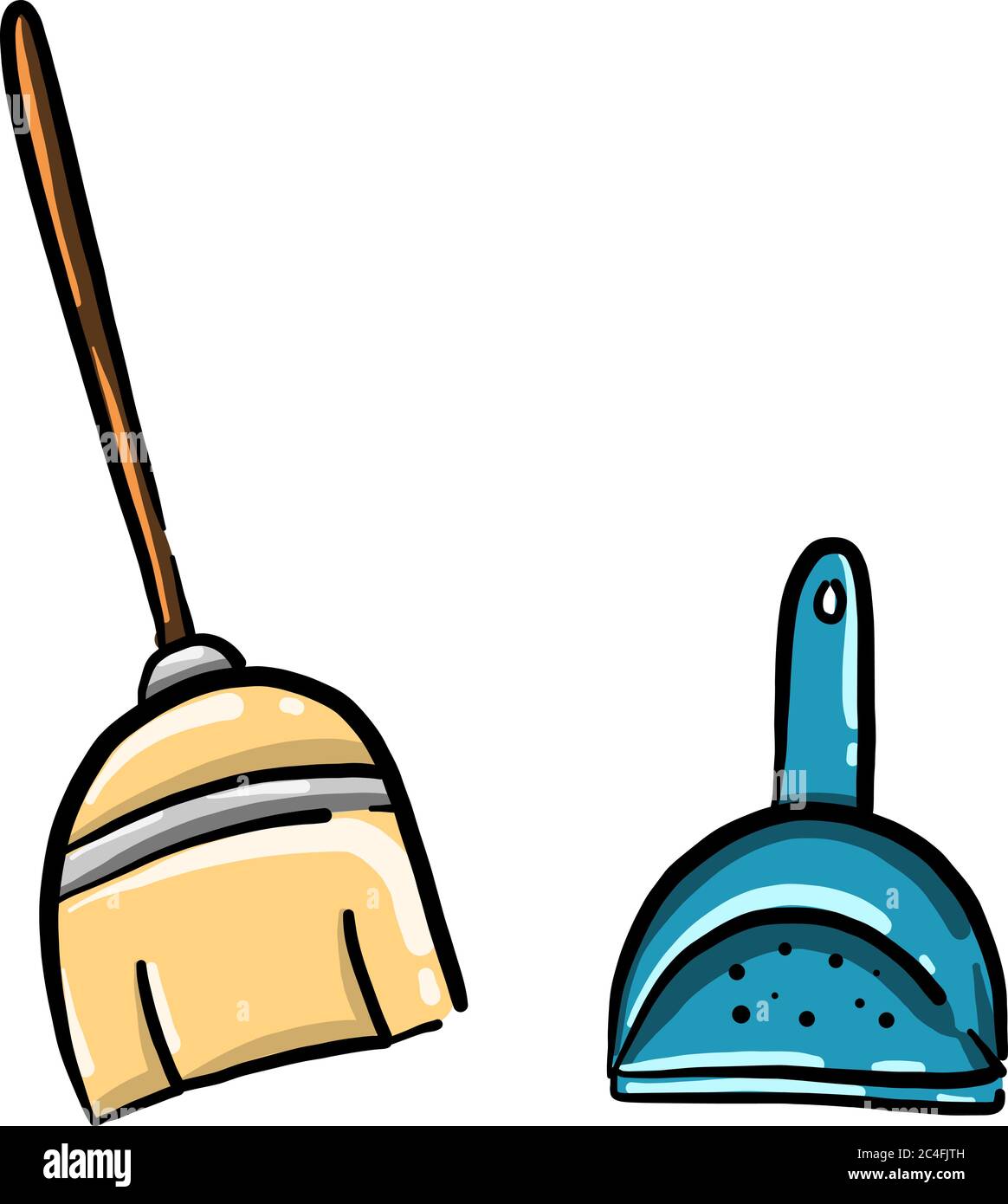 Broom and scoop, illustration, vector on white background Stock Vector