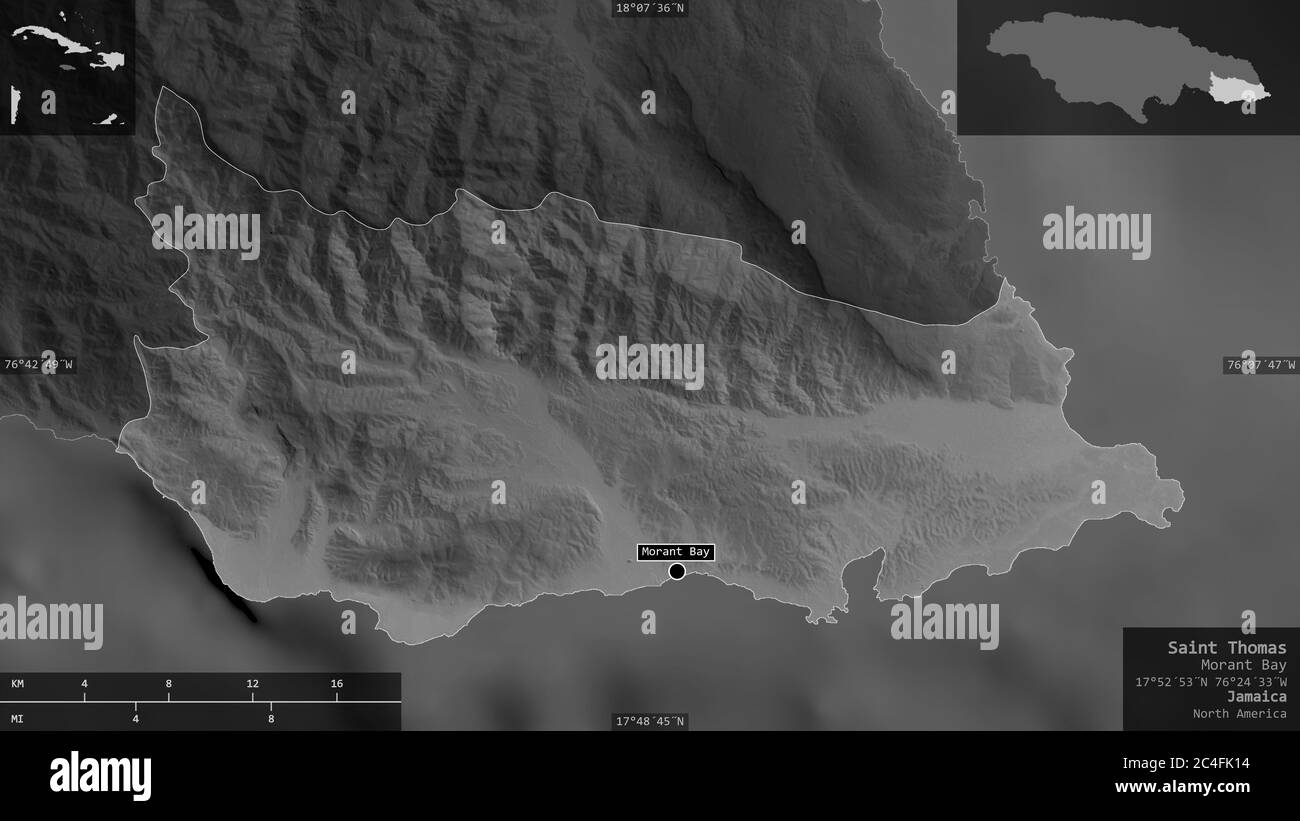 Saint Thomas, parish of Jamaica. Grayscaled map with lakes and rivers