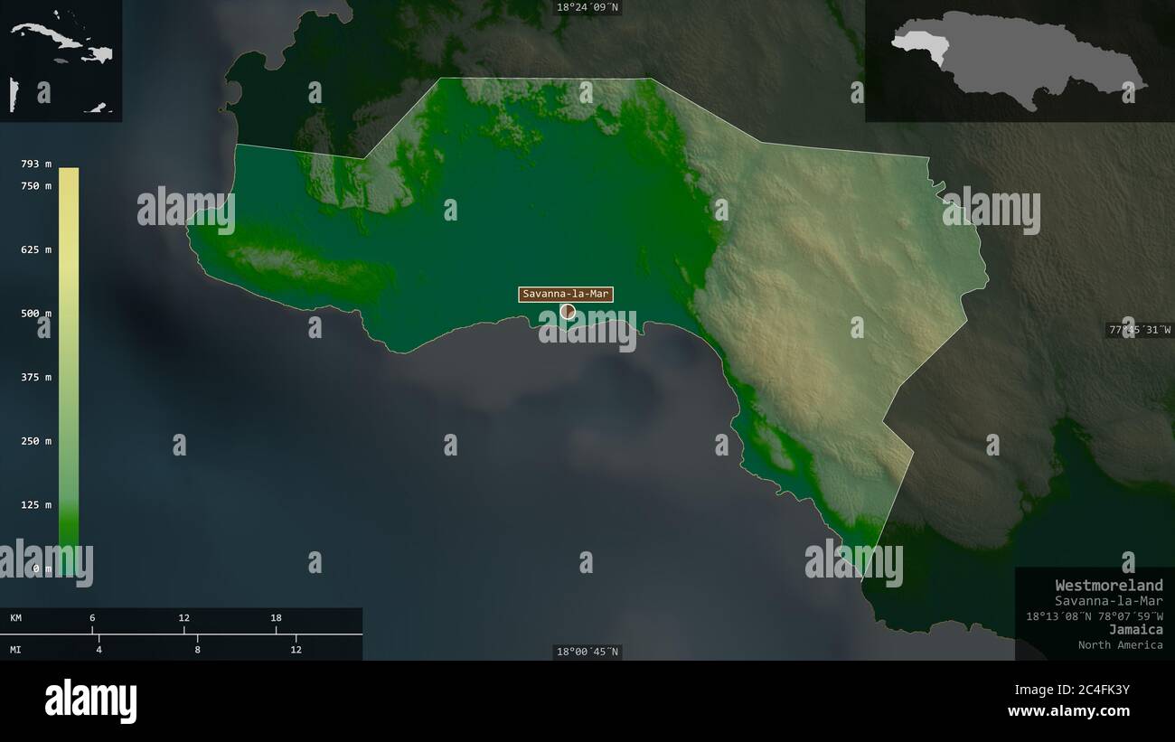 Westmoreland, parish of Jamaica. Colored shader data with lakes and rivers. Shape presented against its country area with informative overlays. 3D ren Stock Photo