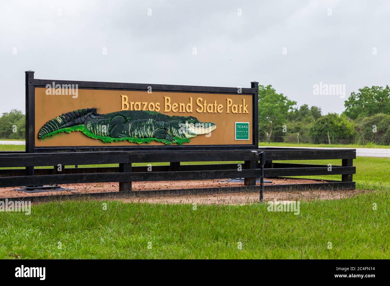 Needville, TX, USA - June 26, 2020: Brazos Bend State Park sign, along the Brazos River, run by the Texas Parks and Wildlife Department Stock Photo