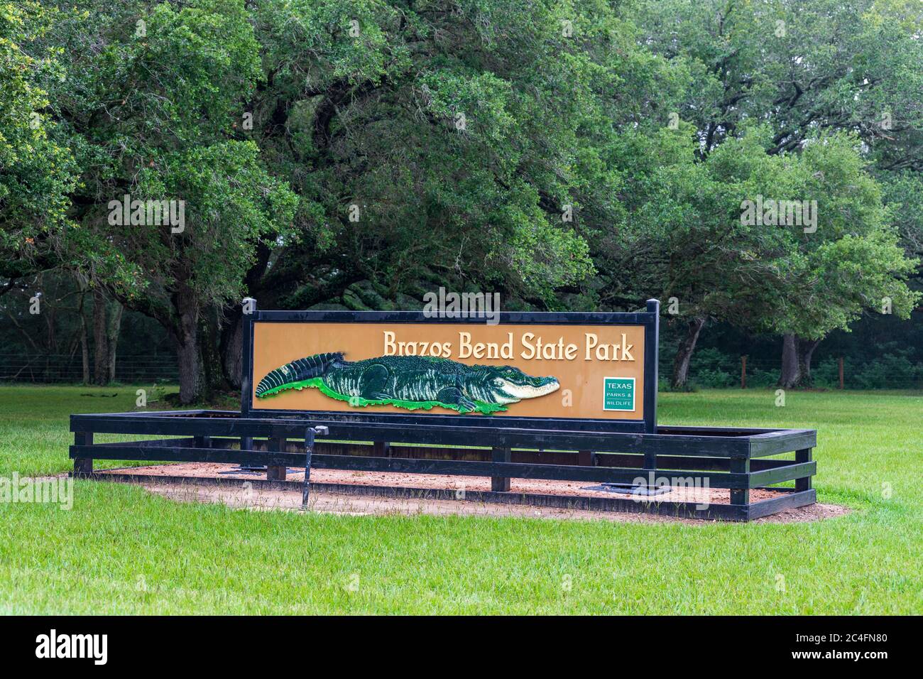 Needville, TX, USA - June 26, 2020: Brazos Bend State Park sign, along the Brazos River, run by the Texas Parks and Wildlife Department Stock Photo