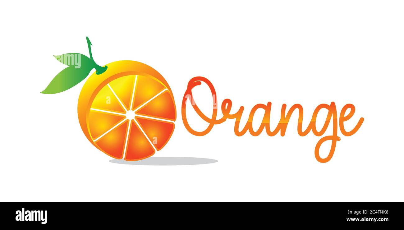 Fresh orange juice splash banner with apteitic drops from condensation, fruit slice on gradient orange background for brand, logo, template, label, em Stock Vector