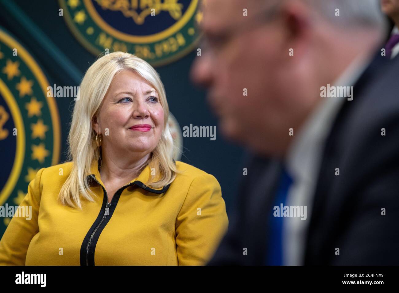 U S Rep Debbie Lesko Listens During A Roundtable Discussion On Border Security Hosted By President Donald Trump June 23 2020 In Yuma Arizona Stock Photo Alamy