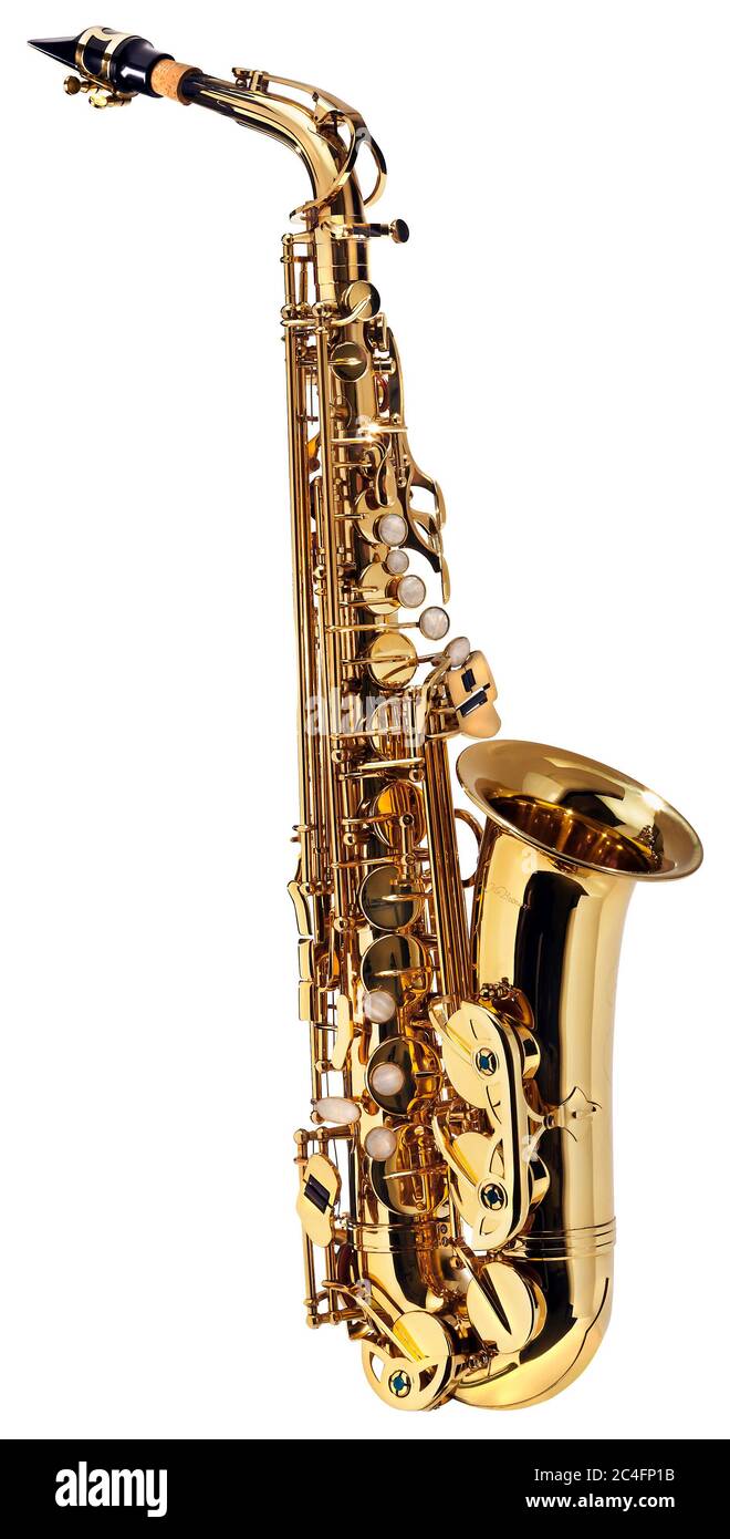 Golden saxophone, classical instrument isolated on white background