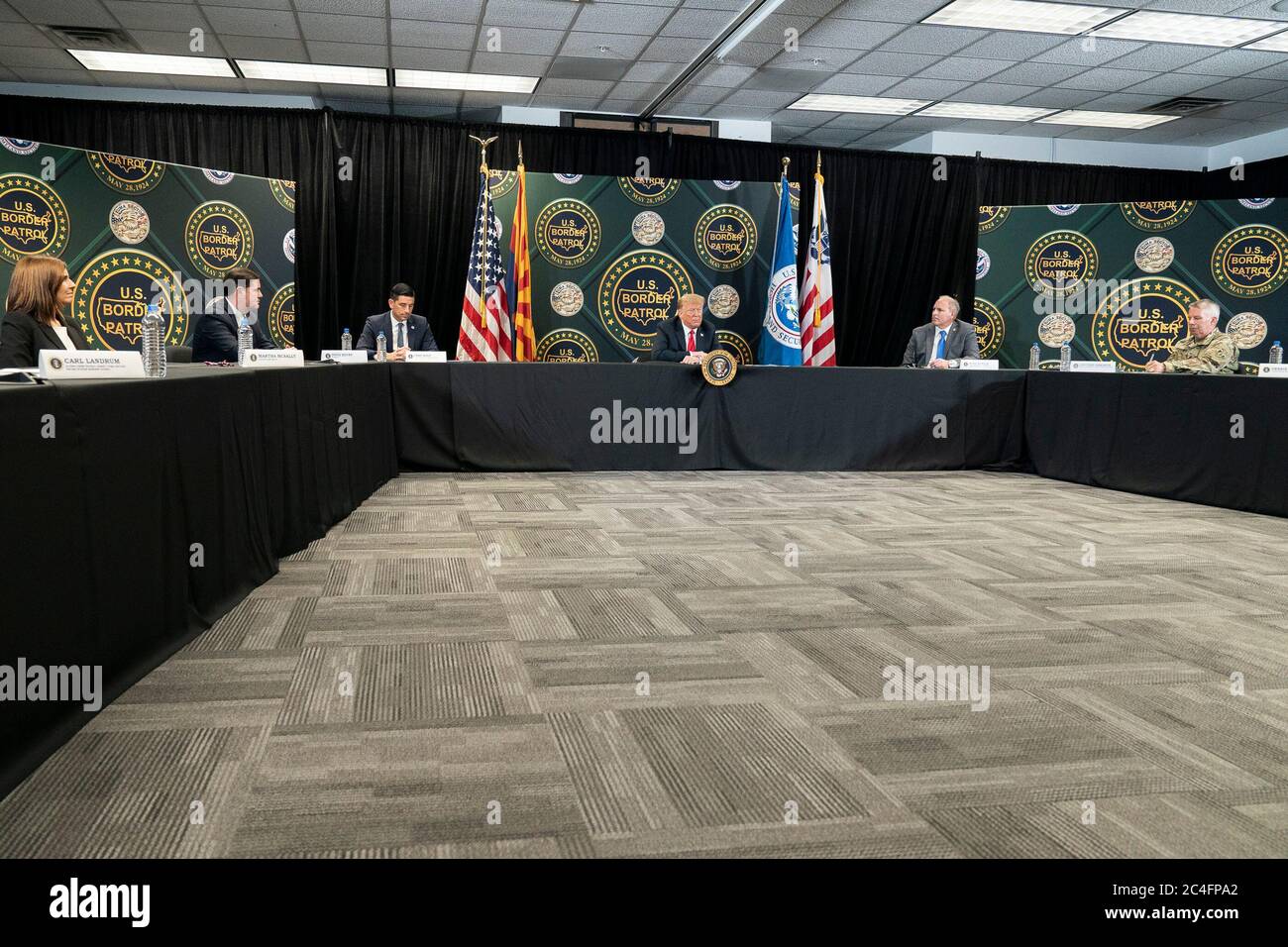 U.S. President Donald Trump hosts a roundtable discussion on border security June 23, 2020 in Yuma, Arizona. Stock Photo