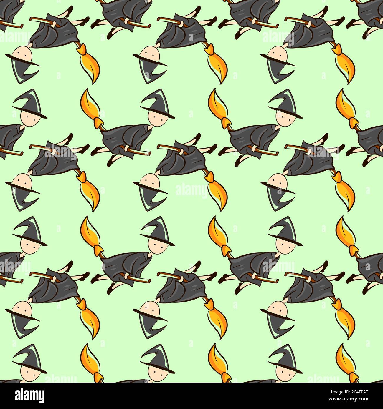 Witch on broom pattern, seamless pattern on light background. Stock Vector