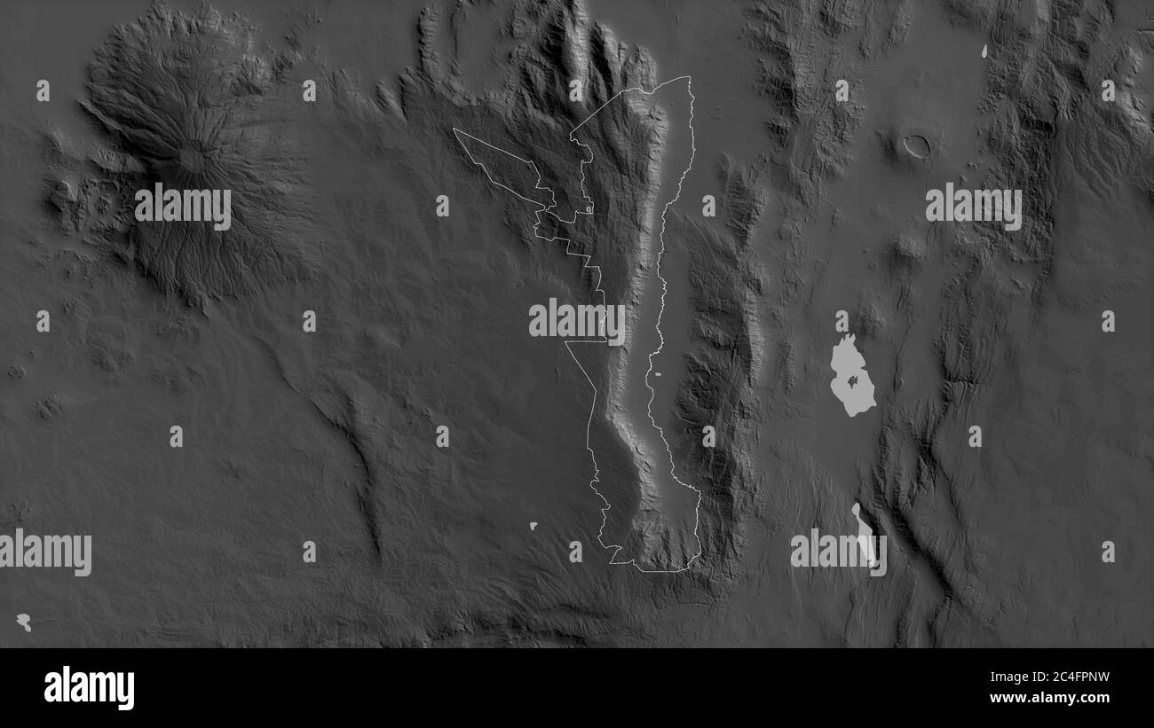 Elgeyo-Marakwet, county of Kenya. Grayscaled map with lakes and rivers. Shape outlined against its country area. 3D rendering Stock Photo