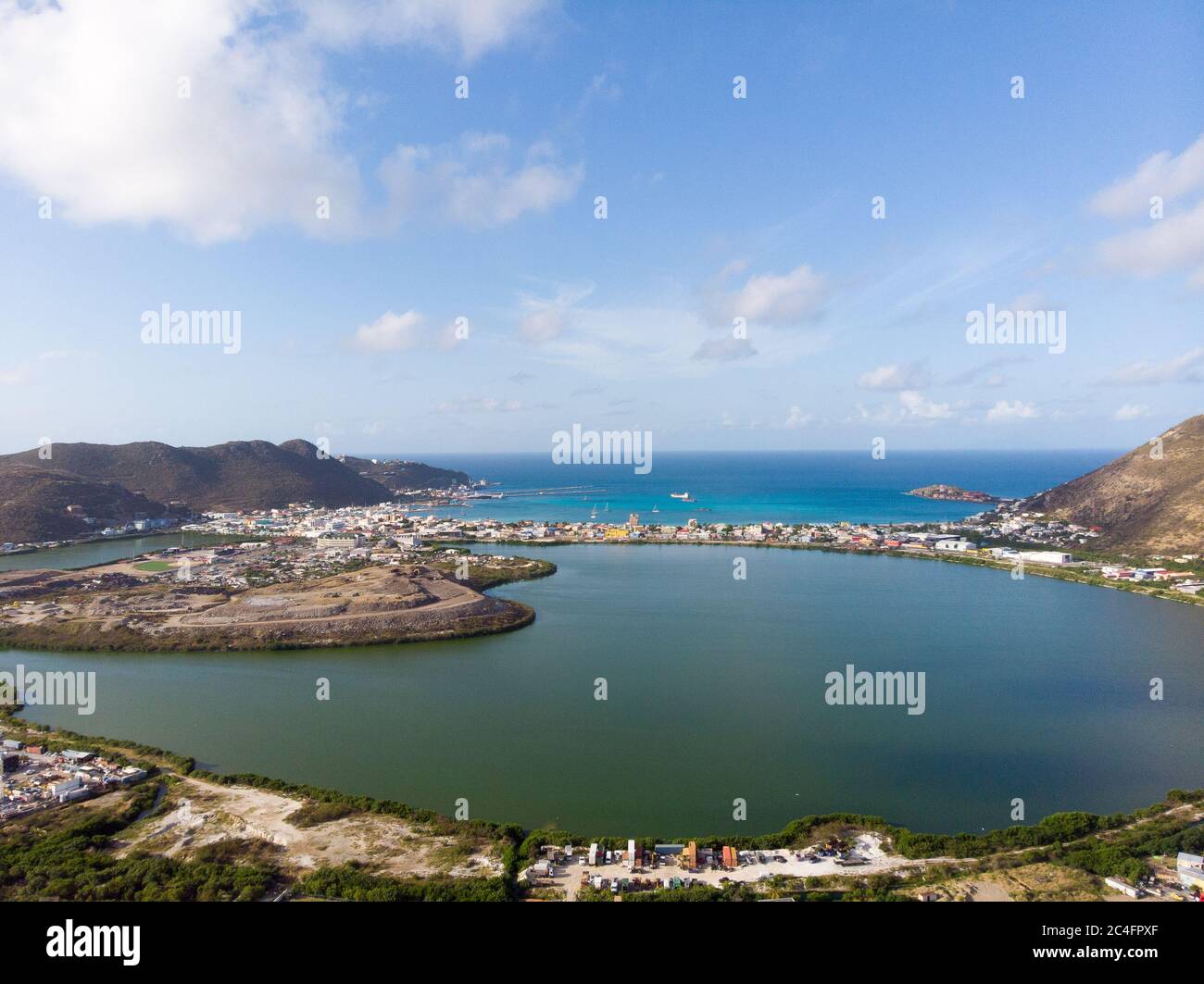 Aerial view of the salt pond in the island of st.maarten. Stock Photo
