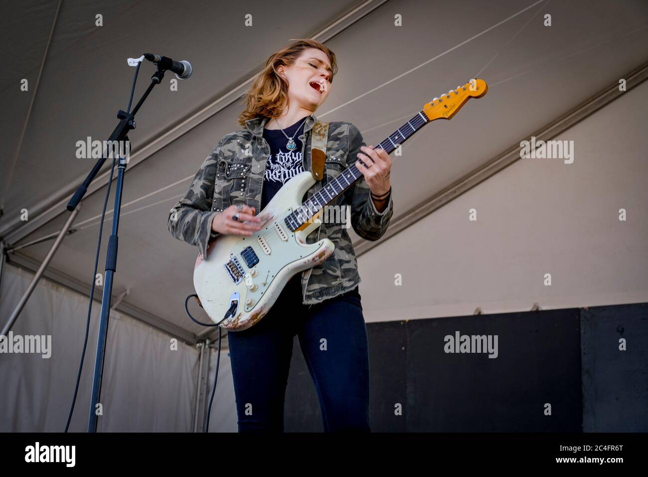 Lead guitarist, Rebecca Lovell of Larkin Poe, Vancouver Folk Music Festival, Vancouver, British Columbia, Canada Stock Photo