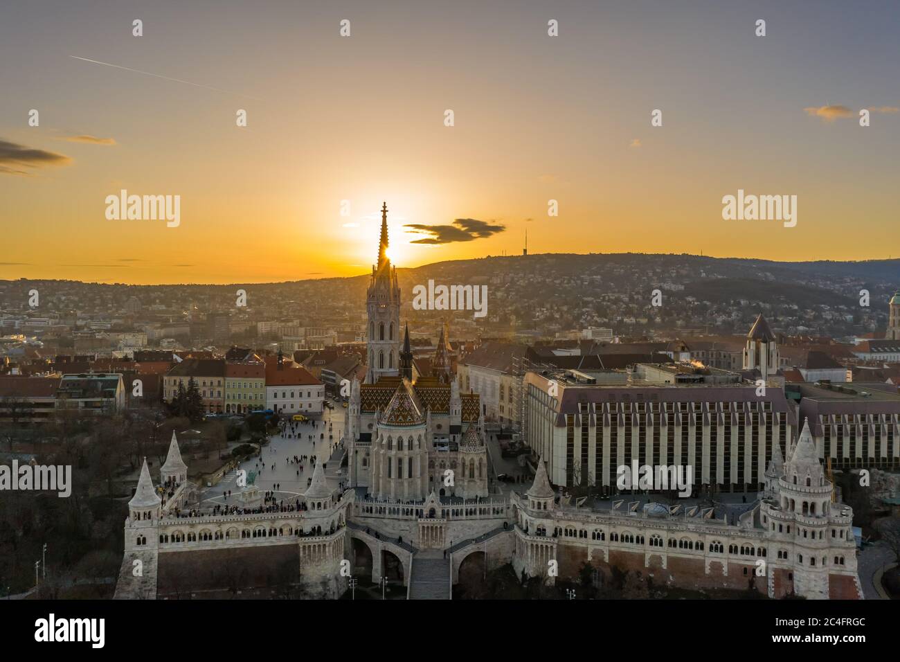 Aerial drone shot of Fisherman's Bastion on Buda Hill in Budapest ...