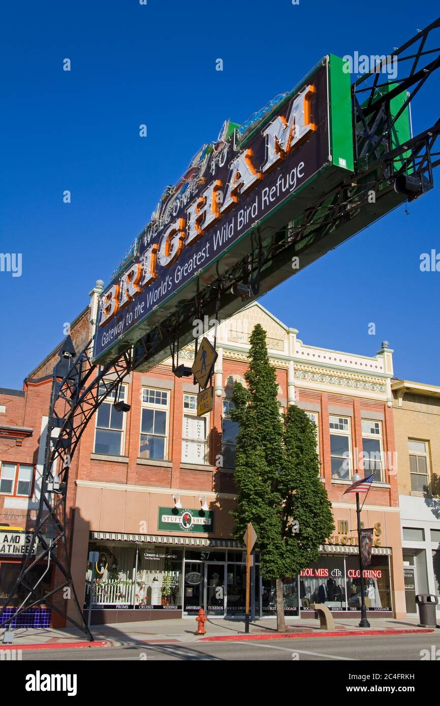 sign on historic Main Street in Brigham City, Utah, USA, North