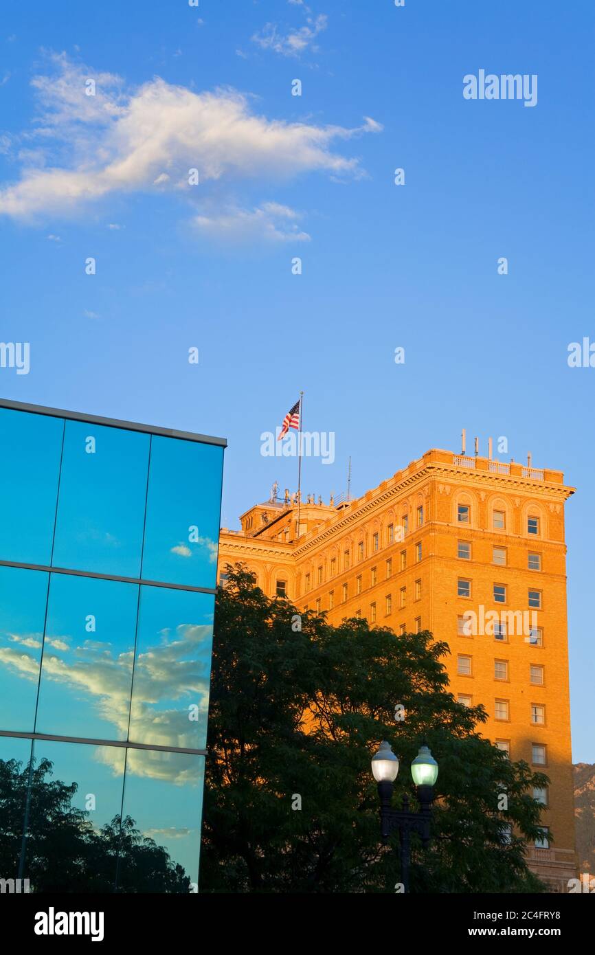 Historic Ben Lomond Hotel & glass office building, Ogden, Utah, USA